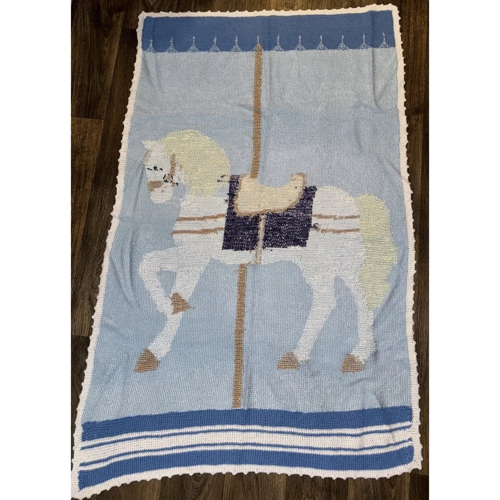 Handmade Crochet Blanket Carousel Horse Nursery Baby Toddler 56x36 Blue
